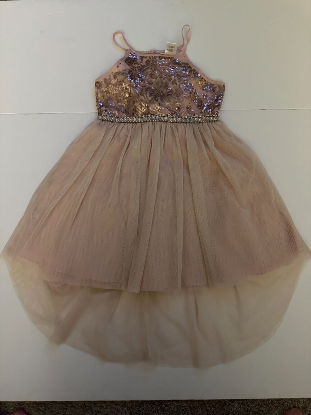 Youngland Girls Dress sz 6 rose gold champagne hi-low hem sequins rhinestones